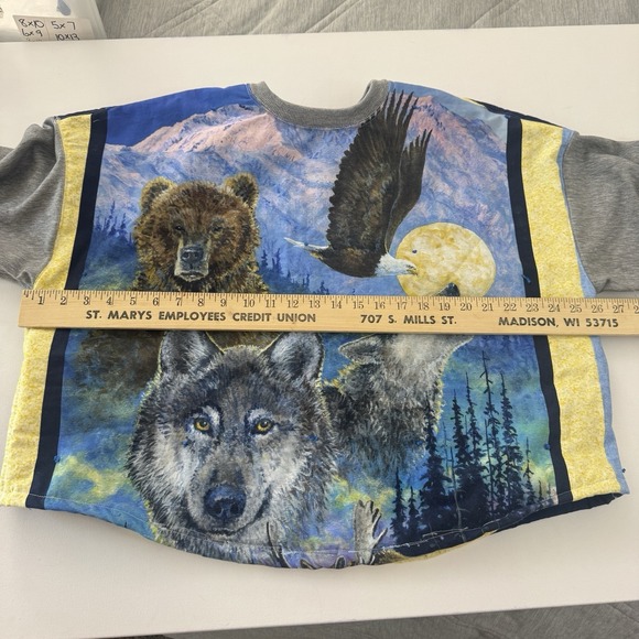 Upcycled Wildlife Patchwork Crewneck Handmade Quilt Rework Mountain Spirit Vibes - Picture 7 of 8